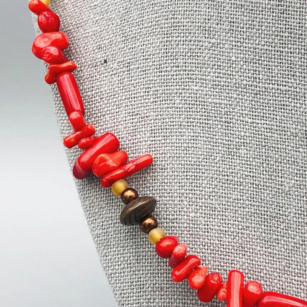 Vintage Red Coral Necklace Glass Metal Bead Accents 20‎ Inch Strand Coastal Boho
